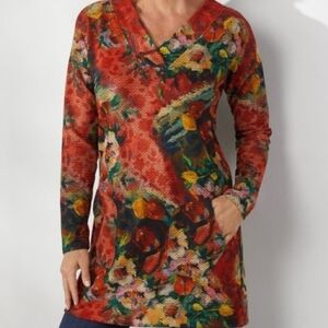 Soft Surroundings Crimson Valley Floral Relaxed Fit Tunic L